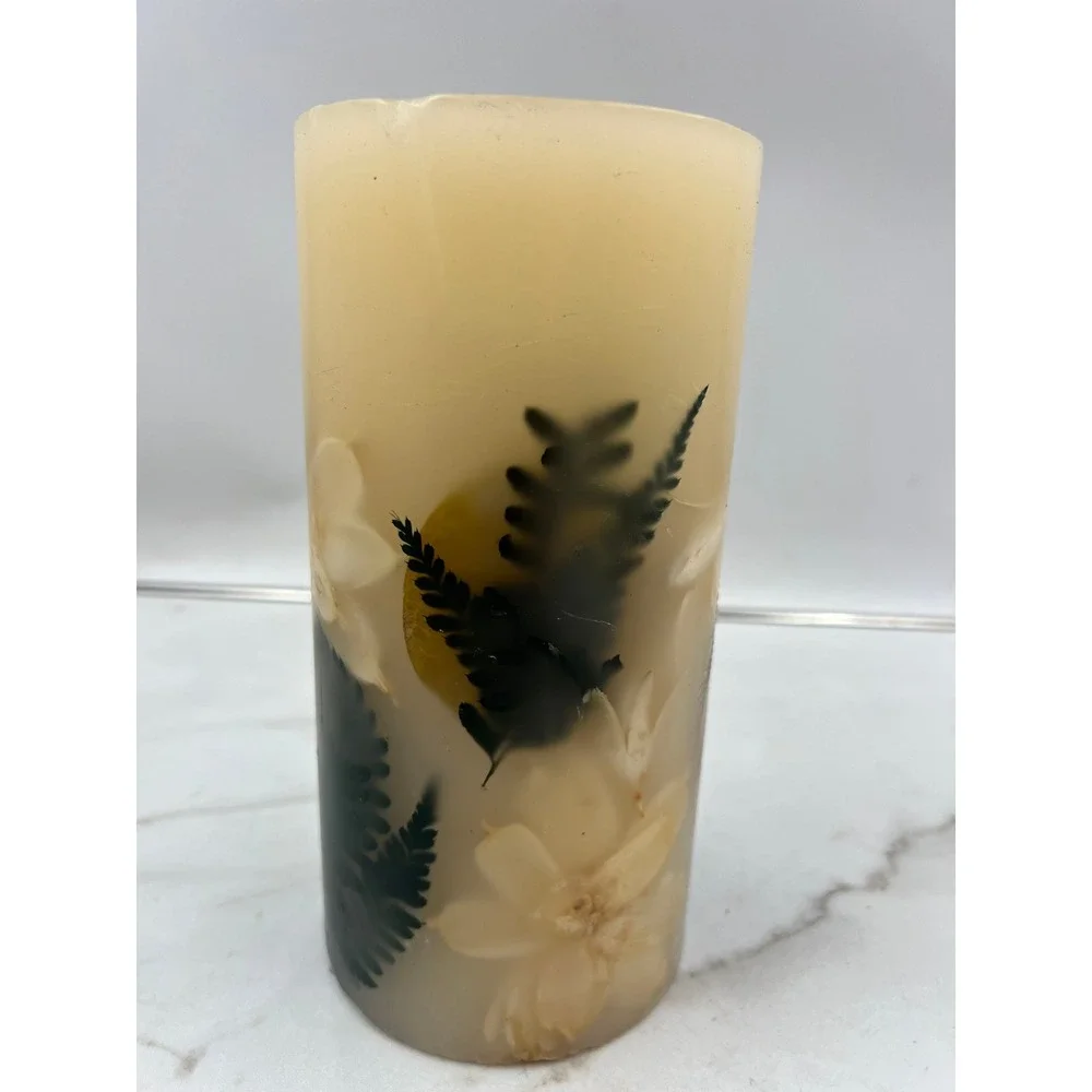 Pottery Barn Botanical Pillar Candle 4x8 Pressed Flower Fern Unscented Cream